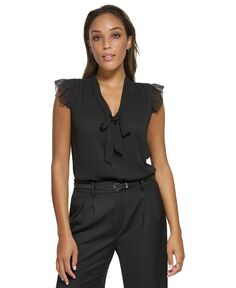 Женская блузка с короткими рукавами и завязками на воротнике с рюшами Calvin Klein, черный