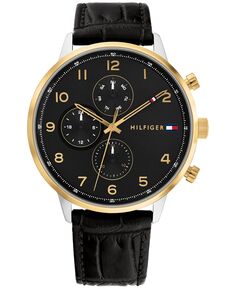 Мужские часы с черным кожаным ремешком, 44 мм Tommy Hilfiger