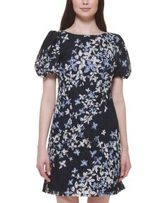 Женское кружевное платье-футляр с пышными рукавами и цветочным принтом Jessica Howard, темно-синий