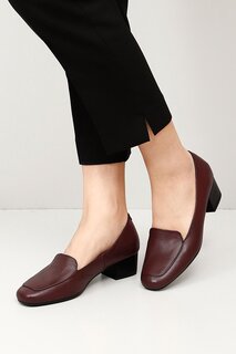 Темно-бордовые женские туфли из натуральной кожи с тупым носком на толстом каблуке 13312 GÖNDERİ(R)