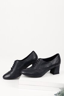 ТЕМНО-СИНИЕ женские туфли из натуральной кожи с круглым носком, на среднем толстом каблуке со шнуровкой 24216 GÖNDERİ(R)