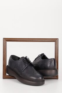 ТЕМНО-СИНИЕ повседневные мужские туфли из натуральной кожи с круглым носком на шнуровке 81005 GÖNDERİ(R)