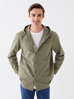 Удобная мужская куртка-рубашка с капюшоном и длинным рукавом LCW Casual, матовый хаки