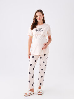 Пижамный комплект для беременных с круглым вырезом и принтом с короткими рукавами LCW DREAM, бледно-розовый с принтом