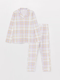 Пижамный комплект для девочек в клетку с воротником рубашки и длинными рукавами LCW Kids, сиреневый принт