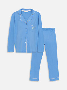 Пижамный комплект для беременных с воротником рубашки и принтом с длинными рукавами LCW DREAM, синий