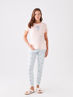 Пижамный комплект для беременных с круглым вырезом и принтом с короткими рукавами LCW DREAM, пастельно-синий с принтом