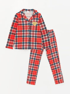 Пижамный комплект для девочек в клетку с воротником рубашки и длинными рукавами LCW Kids, красный печатный