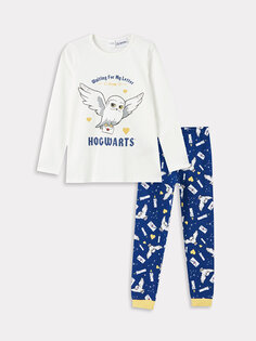 Пижамный комплект для девочек с круглым вырезом и принтом «Гарри Поттер» с длинными рукавами LCW Kids, экрю