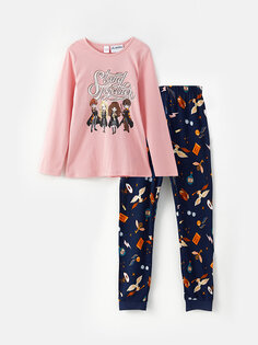 Пижамный комплект для девочек с круглым вырезом и принтом «Гарри Поттер» с длинными рукавами LCW Kids, розовый