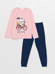 Пижамный комплект для девочек с круглым вырезом и принтом Snoopy с длинными рукавами LCW Kids, розовый