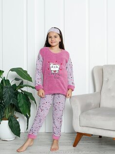 Пижамный комплект для девочек с круглым вырезом и принтом с длинными рукавами Güneş, фиолетовый Gunes