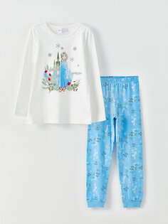 Пижамный комплект для девочек с круглым вырезом и принтом «Эльза» с длинными рукавами LCW Kids