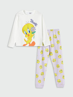 Пижамный комплект для девочек с круглым вырезом и принтом Tweety с длинными рукавами LCW Kids