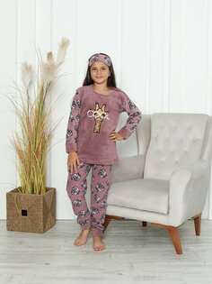 Пижамный комплект для девочек с круглым вырезом и принтом с длинными рукавами Güneş, темно фиолетовый Gunes