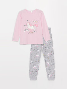 Пижамный комплект для девочек с круглым вырезом и принтом с длинными рукавами LCW DREAM, розовая сирень