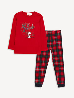 Пижамный комплект для девочек с круглым вырезом и принтом Snoopy с длинными рукавами LCW Kids, красный