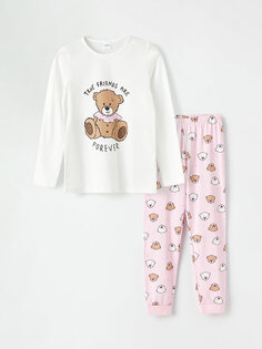 Пижамный комплект для девочек с круглым вырезом и принтом с длинными рукавами LCW DREAM, экрю
