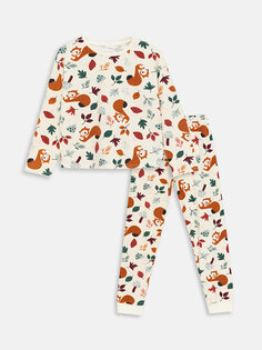 Пижамный комплект для девочек с круглым вырезом и принтом с длинными рукавами LCW DREAM, экрю с принтом