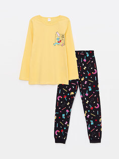 Пижамный комплект для девочек с круглым вырезом и принтом с длинными рукавами LCW Kids, пастельно-желтый