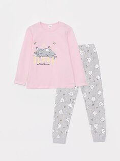 Пижамный комплект для девочек с круглым вырезом и принтом с длинными рукавами LCW Kids, розовая сирень