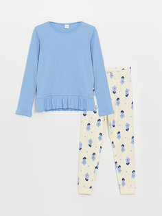 Пижамный комплект для девочек с круглым вырезом и принтом с длинными рукавами LCW Kids, синий