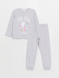 Пижамный комплект для девочек с круглым вырезом и принтом с длинными рукавами LCW Kids, светло-серый меланж