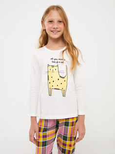 Пижамный комплект для девочек с круглым вырезом и принтом с длинными рукавами LCW Kids, белый печатный