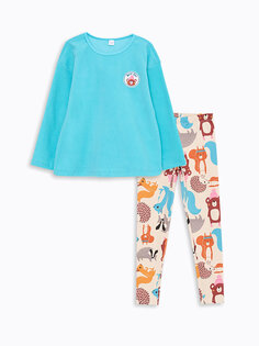 Пижамный комплект для девочек с круглым вырезом и принтом с длинными рукавами LCW Kids, бирюзовый
