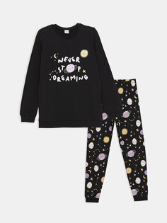 Пижамный комплект для девочек с круглым вырезом и принтом с длинными рукавами LCW Kids, новый черный