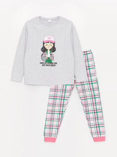 Пижамный комплект для девочек с круглым вырезом и принтом с длинными рукавами LCW Kids, серый меланж