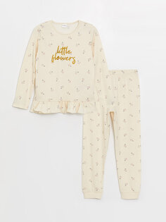 Пижамный комплект для девочек с круглым вырезом и принтом с длинными рукавами LCW Kids, кремовый принт