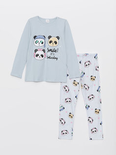 Пижамный комплект для девочек с круглым вырезом и принтом с длинными рукавами LCW Kids, светло-синий