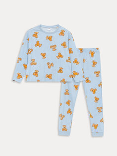 Пижамный комплект для девочек с круглым вырезом и принтом с длинными рукавами LCW Kids, синий принт