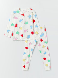 Пижамный комплект для девочек с круглым вырезом и принтом с длинными рукавами LCW Kids, белый печатный
