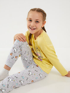 Пижамный комплект для девочек с круглым вырезом и принтом с длинными рукавами LCW Kids, желтый
