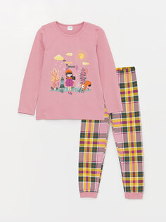Пижамный комплект для девочек с круглым вырезом и принтом с длинными рукавами LCW Kids, светлая сушеная роза