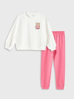 Пижамный комплект для девочек с круглым вырезом и принтом с длинными рукавами LCW Kids, экрю