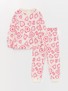Пижамный комплект для девочек с круглым вырезом и принтом с длинными рукавами LCW Kids, экрю с принтом