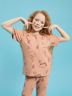 Пижамный комплект для девочек с круглым вырезом и принтом с короткими рукавами Pija Pija, коралл