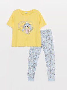 Пижамный комплект для девочек с круглым вырезом и принтом с короткими рукавами LCW Kids, желтый
