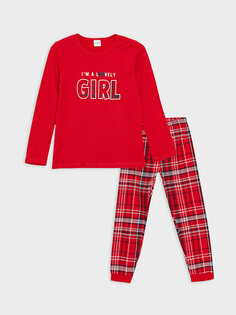 Пижамный комплект для девочек с круглым вырезом и принтом с длинными рукавами LCW Kids, яркий красный