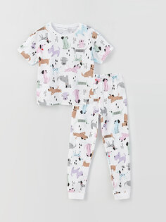 Пижамный комплект для девочек с круглым вырезом и принтом с короткими рукавами LCW Kids, экрю с принтом