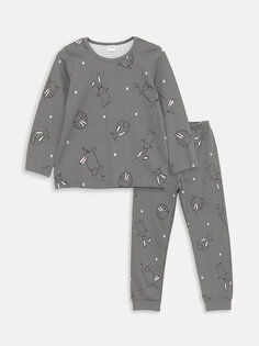 Пижамный комплект для девочек с круглым вырезом и принтом с длинными рукавами LCW Kids, темно-серый с принтом