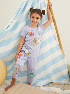 Пижамный комплект для девочек с круглым вырезом и принтом с короткими рукавами LCW Kids, сирень