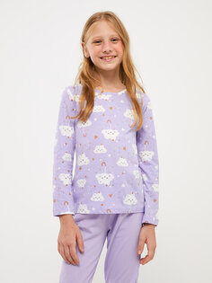 Пижамный комплект для девочек с круглым вырезом и принтом с длинными рукавами LCW Kids, фиолетовый