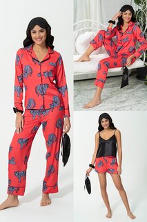 Красный атласный пижамный комплект из 7 предметов с тигровым узором FOR YOU MODA