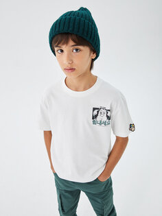 Удобная футболка для мальчиков с круглым вырезом и принтом ностальгических обезьян LCW Kids, буксе белый