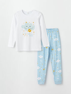 Пижамный комплект для девочки с круглым вырезом и длинными рукавами LCW Kids, оптический белый
