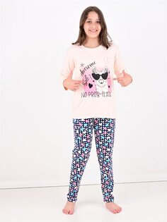 Пижамный комплект для девочки с круглым вырезом и длинными рукавами Vitmo Vitamin, лососевый розовый
